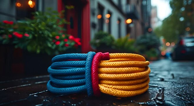 A vibrant arrangement of blue and yellow ropes with a red accent on a rainy street.