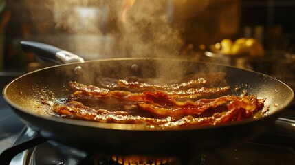 A sizzling pan of crispy bacon strips cooking on a stovetop, with golden-brown edges and the delicious aroma wafting through the kitchen.
