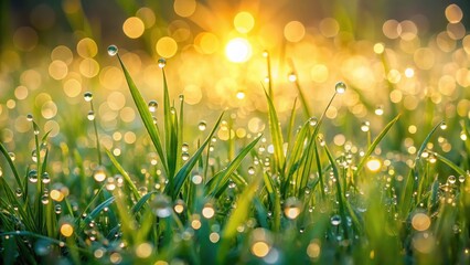 Obraz premium Softly glowing morning light illuminates the delicate droplets of dew on freshly cut spring grass, creating a serene and peaceful atmosphere , morning dew, fresh cut grass