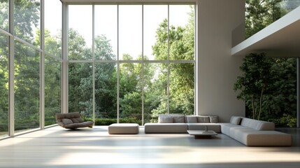 Fototapeta premium A spacious modern living room with floor-to-ceiling windows, minimalistic furniture, and a neutral color palette, emphasizing light, space, and functionality.