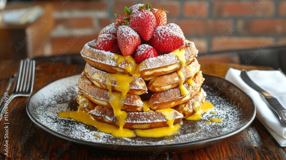 Poster A stack of waffles on a rustic wooden table, topped with fresh strawberries and powdered sugar. A fork and knife are neatly placed beside the plate.