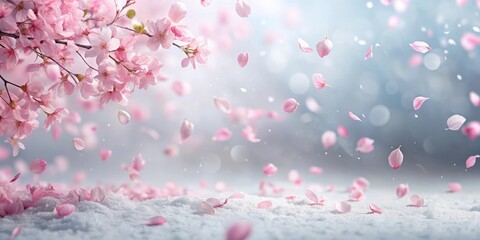 Fototapeta premium Soft pink sakura petals falling gently on a snowy white background, creating a serene and peaceful atmosphere, blossoms