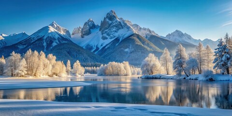 Frost-covered mountain peaks with snow-covered trees and a frozen lake in the background, frozen lake, alpine scenery