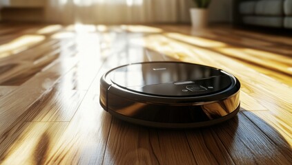 Fototapeta premium Robotic Vacuum Cleaner on Hardwood Floor in Sunlight