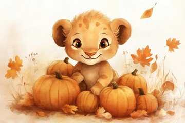 A cute cartoon lion cub surrounded by pumpkins and autumn leaves, embodying a warm, playful fall atmosphere.