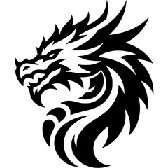 Tattoo of ancient dragon head in monochrome. Wild dragon side view. Engraving minimalistic vector in black ink drawing on transparent background