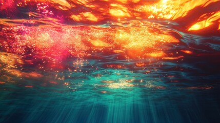 Surreal underwater scene with vibrant colors and swirling light patterns