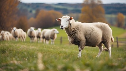 Fototapeta premium Sheep eating fresh grass. unshorn sheep in a spring field. Sheep looking to camera, Farming, free grazing concept, autumn field