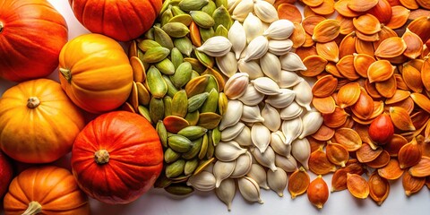 Pumpkin Seeds, Top View, High-Resolution Image, Bright Colors, Autumn Harvest