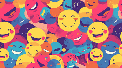 Fototapeta premium The image depicts a vibrant and colorful background filled with various cartoon smiley faces, each exhibiting different expressions and colors, creating a cheerful and lively atmosphere