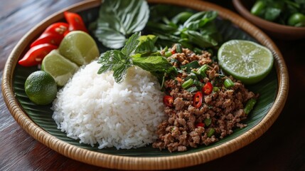 A vibrant plate of traditional Thai , featuring minced meat mixed with fresh herbs, lime juice, and chili, garnished with crispy rice and fresh vegetables, capturing the essence of Thai cuisine.
