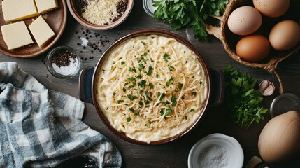A visually striking overhead shot of a carbonara dish garnished with fresh herbs and grated cheese, surrounded by ingredients like eggs, cheese, and black pepper for a culinary context.