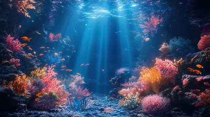 Surreal underwater scene with intricate aquatic textures and radiant bioluminescence