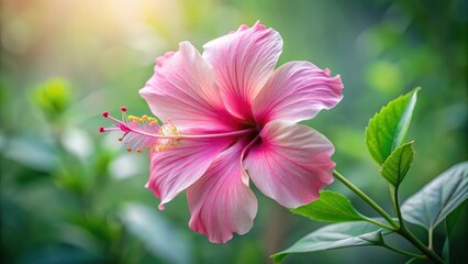 Delicate pink hibiscus flower with intricate details and soft petals unfolding like a gentle kiss, floral, bloom
