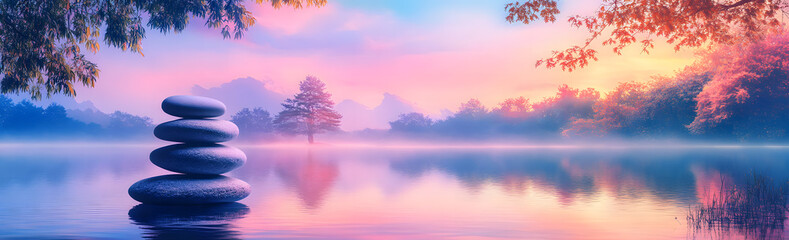 Stacked Zen Stones on Calm Water at Sunset &ndash; Serenity and Balance