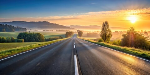 Fototapeta premium Early morning sunrise over a stretch of asphalt highway in a rural landscape, with trees and hills in the background