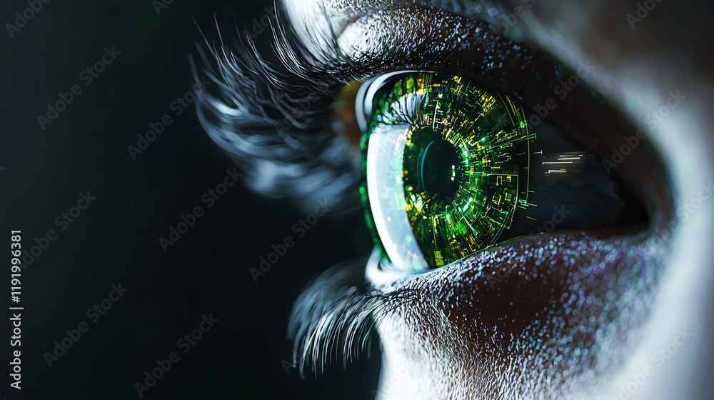 Poster close-up of a futuristic eye with green digital patterns.