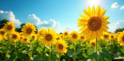 Obraz premium Vibrant sunflowers in a summer field, bright sun , seeds, wildflowers