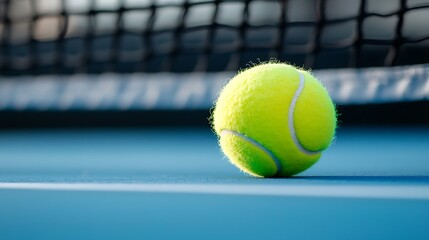 Close-up of a tennis ball on a blue court near the net.