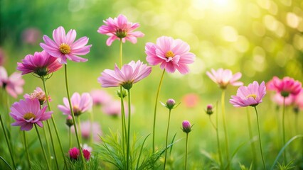 Fototapeta premium Softly blooming pink flowers with delicate petals and slender stems against a bright green grassy field , garden