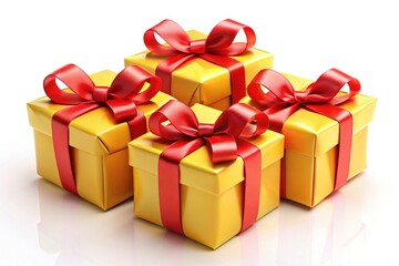 Obraz premium Six Yellow Gift Boxes with Red Bows - Bright Festive Presents