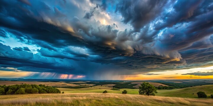 Dark storm clouds gathering above a vast open landscape with rolling hills and trees, set against a bright blue sky with a hint of sunset colors , tree, storm clouds