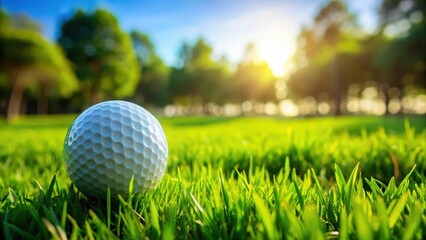 Obraz premium A golf ball sitting on a lush green grass lawn with a few blades of grass surrounding it and a distant tree in the background, scenery, green grass