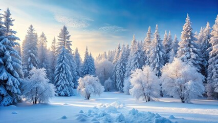 Fototapeta premium Dense snowforest with frosty atmosphere, frozen trees and serene landscape Snow covered forest landscape, forest, frost, forest