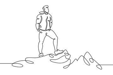 Young man tourist climber on the edge of a cliff, mountain landscape, view of the valley. One continuous drawing line, logo single hand drawn art doodle isolated minimal illustration.