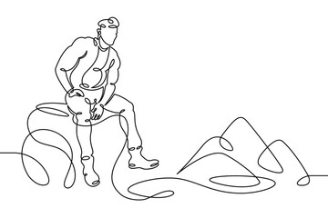 Young man tourist climber on the edge of a cliff, mountain landscape, view of the valley. One continuous drawing line, logo single hand drawn art doodle isolated minimal illustration.