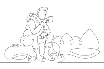 Young male tourist drinks hot drink coffee tea camping campfire. Landscape of forest and mountains.One line continuous thick bold single drawn art doodle isolated hand drawn outline logo illustration.