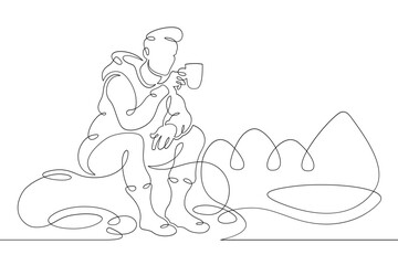 Young male tourist drinks hot drink coffee tea camping campfire. Landscape of forest and mountains.One line continuous thick bold single drawn art doodle isolated hand drawn outline logo illustration.
