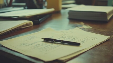 Fototapeta premium Close up of Pen on Documents Desk Workspace Office Supplies Paperwork Business Concept