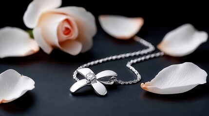 Naklejka premium Elegant Silver Necklace with Floral Design Surrounded by Rose Petals on Dark Background