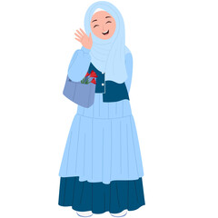 Muslimah in Blue Dress and Hijab Waving Hand Illustration