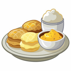 A plate of comfort food featuring biscuits, mashed potatoes, and gravy.