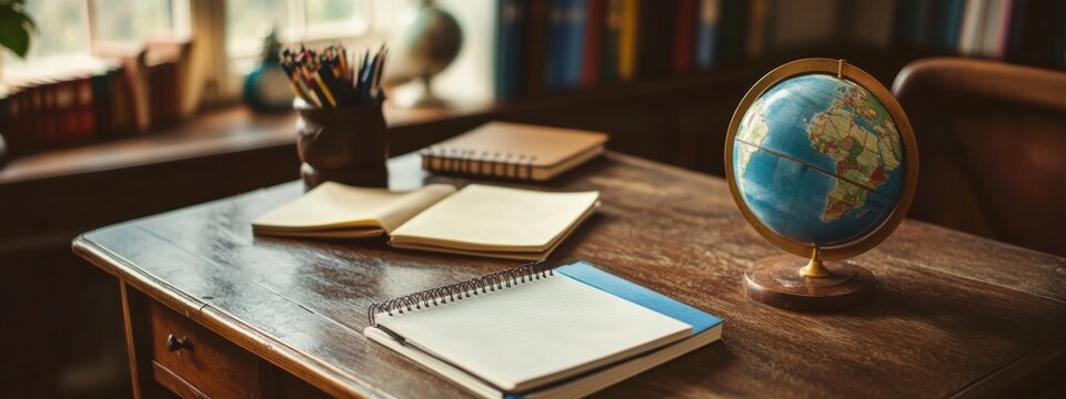 Wooden Desk with Open Notebooks Pencils and Globe Study Education Travel Concept