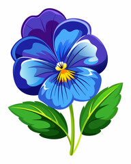 A vibrant blue pansy flower illustration with detailed petals.