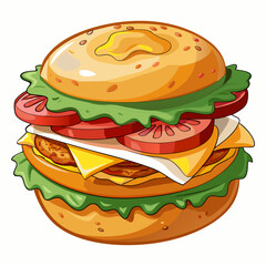 A colorful illustration of a burger with fresh toppings.