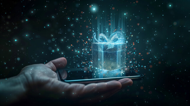 Hand holding a smartphone projecting a holographic gift box with a starry background