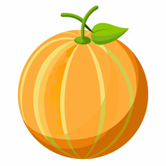 A stylized illustration of a melon with a green leaf and stem.