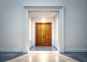 Symmetrical White Building Entrance, Open Wooden Door, Bright Sunlight, Architectural Photography