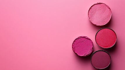 Pink blush shades on pink background; beauty, makeup, cosmetics