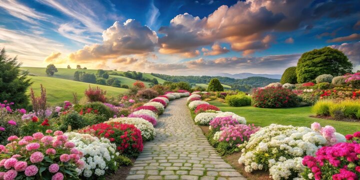 A delicate stone pathway surrounded by vibrant pink and white flowers, leading to a serene landscape with rolling hills and fluffy white clouds , pink flowers, floral arrangements