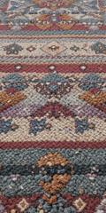 A colorful patterned rug featuring intricate designs and textures.