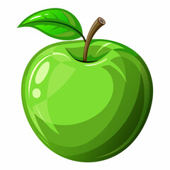 A vibrant green apple with a leaf and stem, showcasing freshness.