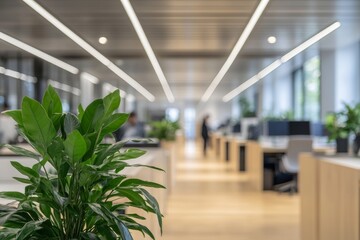 A plant is in a room with a lot of desks and chairs