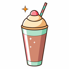 A colorful ice cream sundae with a cherry and straw.