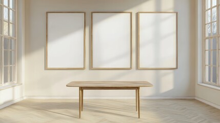 Clean living space featuring a white sofa, round table, and three mockup poster frames angled for depth.