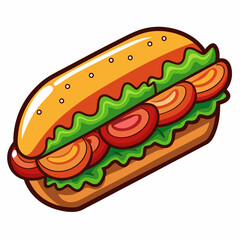 A colorful illustration of a hot dog with toppings.